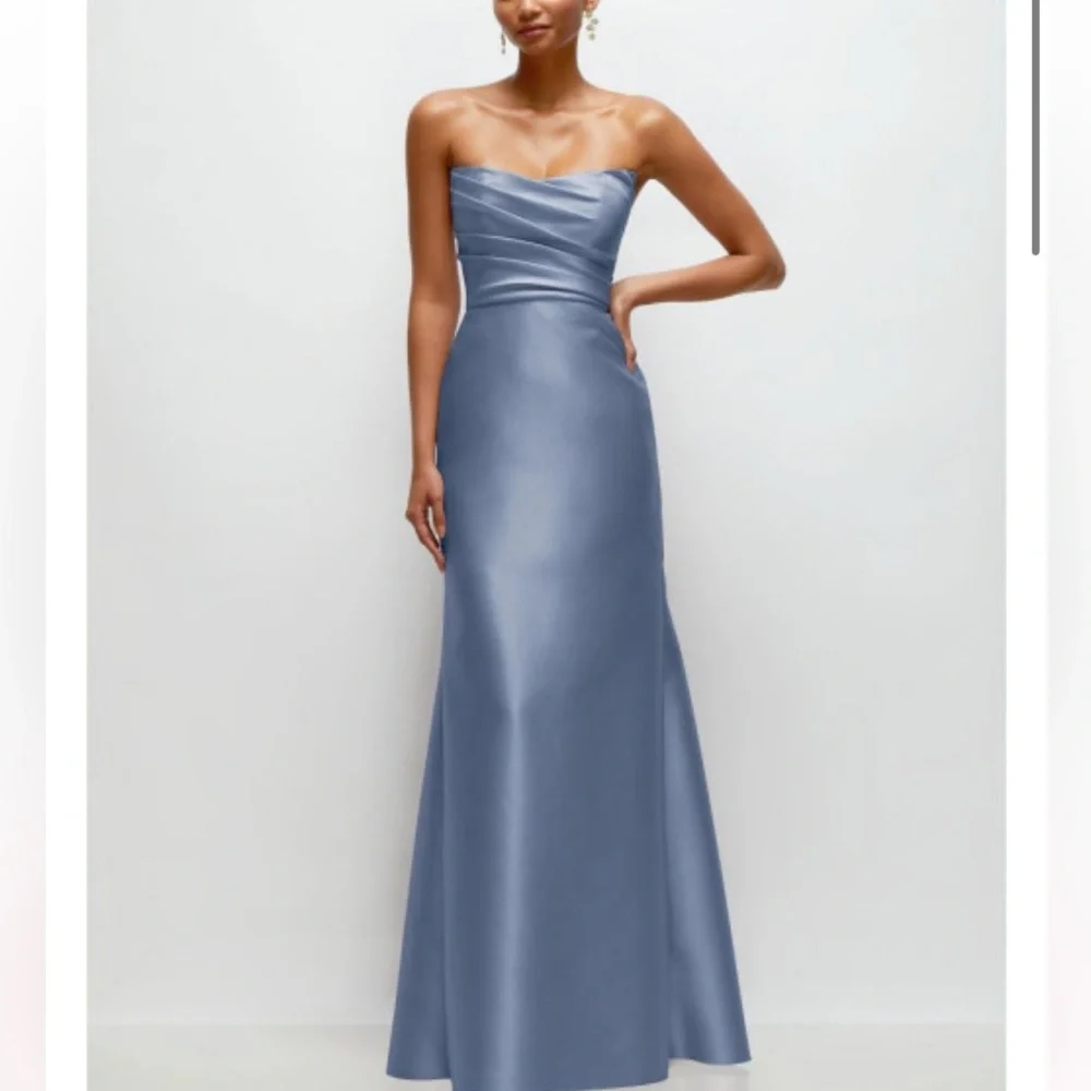 ALFRED SUNG Strapless Satin Maxi Gown in Dusty Blue - Picture 1 of 6